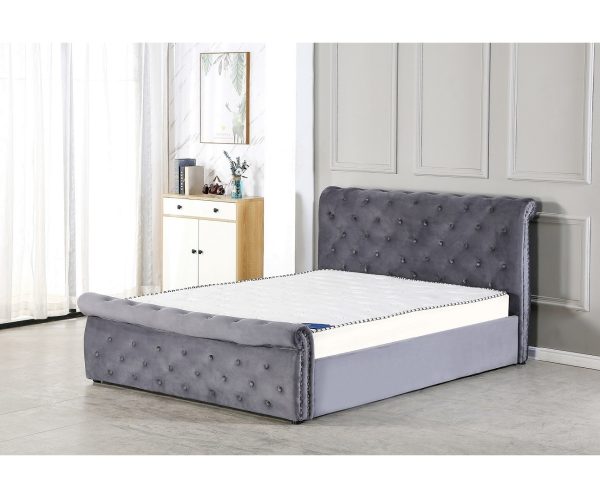 Nayola-1 Grey Velvet Fabric Upholstered Bed #396 With Ottoman Storage