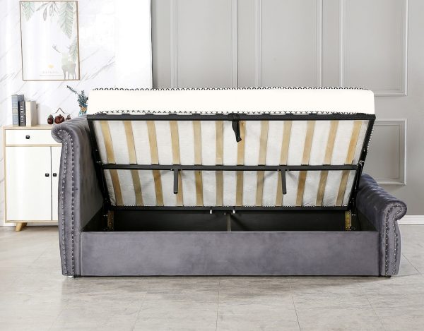 Nayola-3 Grey Velvet Fabric Upholstered Bed #396 With Ottoman Storage