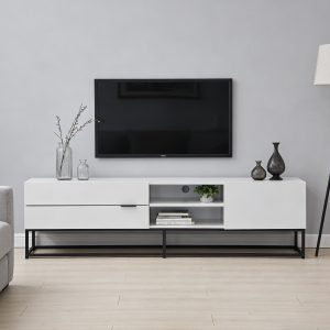 TV 0121 MDF TV Unit #0121 White With Black Metal Base