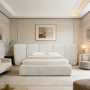 1 Modern Bed Frame #1017 Off-White with Big Bed Head